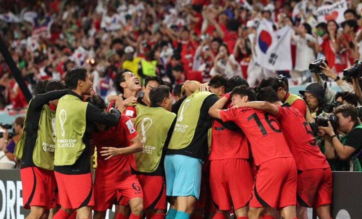 한국 선수들이 포르투갈전을 2-1로 뒤집은 후 뒤엉켜 환호하고 있다. 연합뉴스