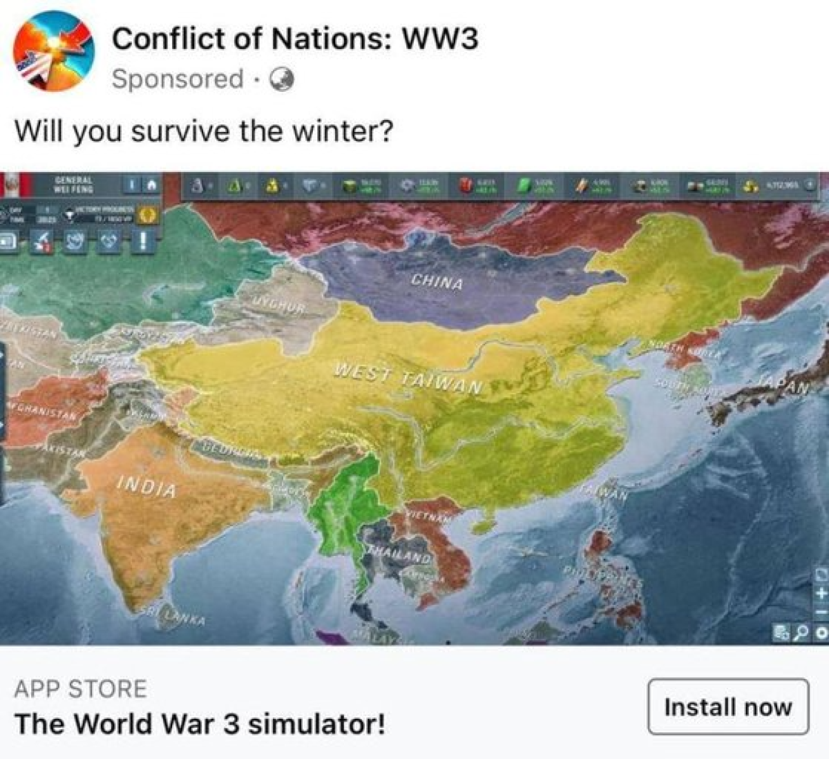 '‘컨플릭트 오브 네이션스:WW3’ 게임 광고 화면에 중국 본토는 ‘서대만’으로, 신장 위구르 지역은 ‘위구르’란 별도 국가로 표시됐다. [타이완뉴스 캡쳐]