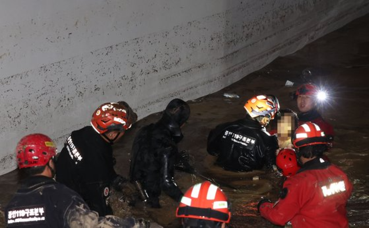 지난 6일 저녁 태풍 '힌남노'의 폭우로 잠긴 경북 포항시 남구의 한 아파트 지하 주차장에서 소방·군 관계자들이 실종된 주민을 구조하고 있다. 연합뉴스