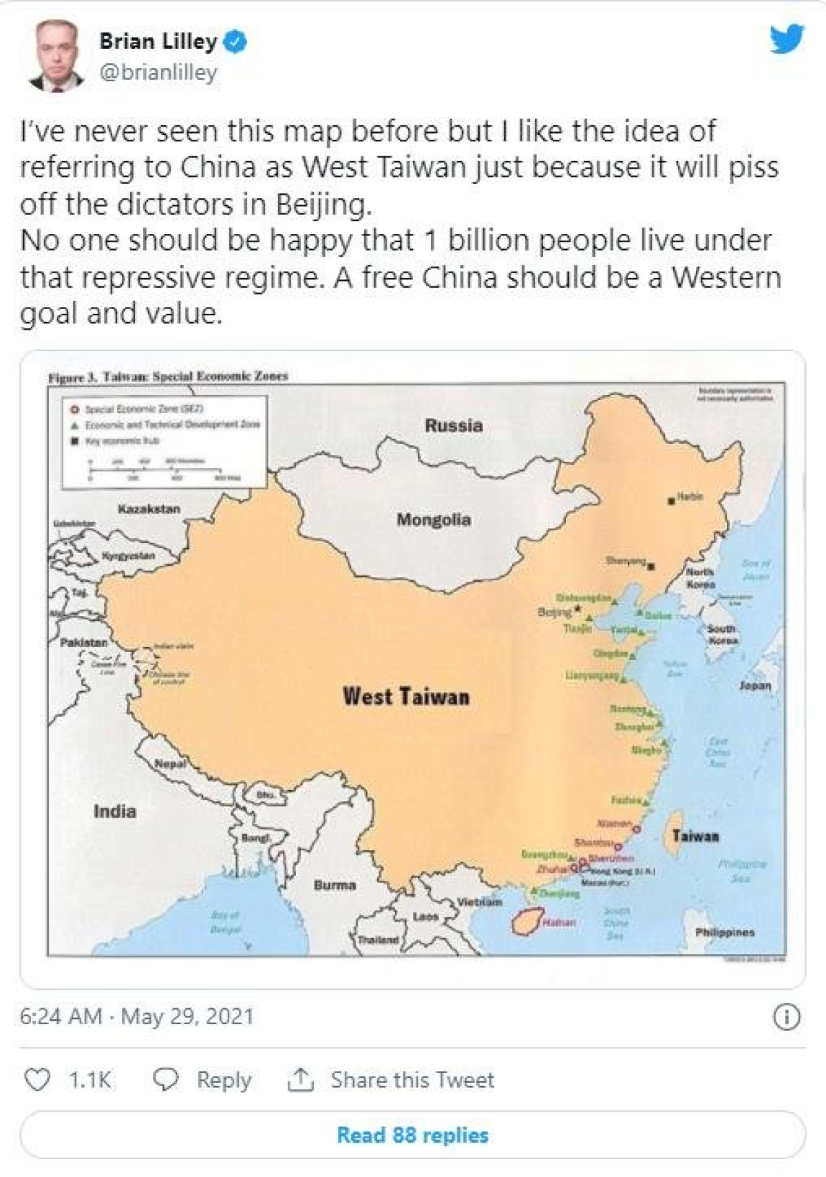 지난 5월 캐나다 토론토 선(Toronto Sun) 칼럼니스트인 브라이언 릴리는 트위터에 “10억 명의 국민들이 권위주의 체제 하에 산다면 누구도 행복하지 않을 것”이라며 중국 본토를 ‘서대만’으로 표시한 지도를 올렸다. [타이완뉴스 캡쳐]