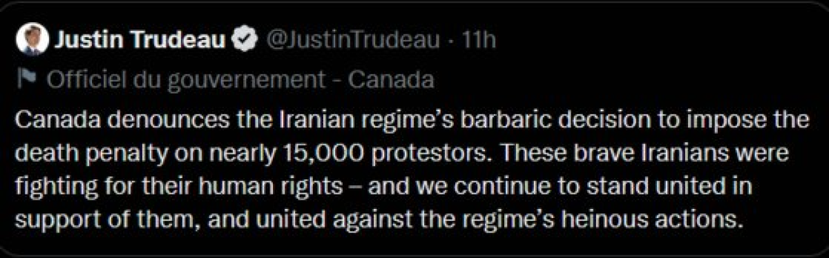 트뤼도 총리가 15일 이란 반정부 시위 관련 가짜뉴스를 인용해 이란 정부를 규탄했다. 논란이 일자 해당 게시물은 삭제된 상태다. 트위터 캡처