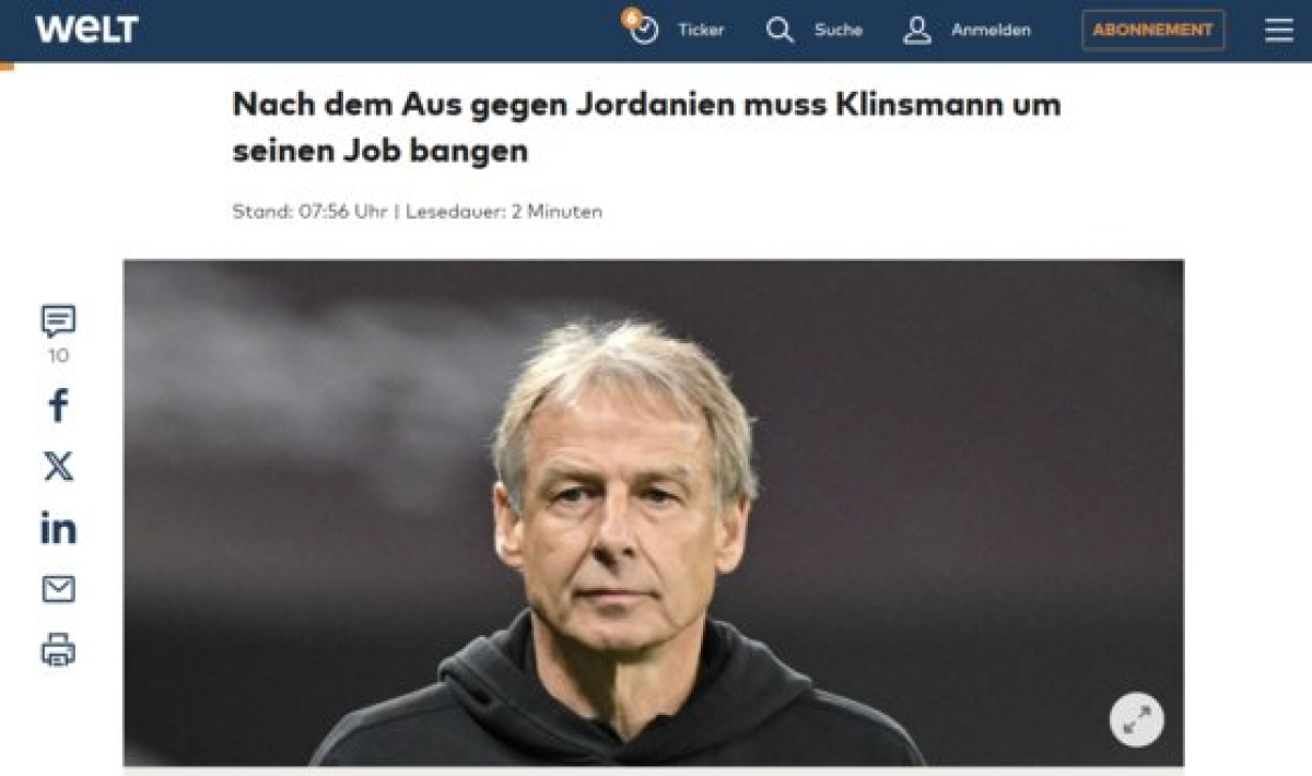 독일 현지 매체 ‘벨트’(WELT)는 7일 “요르단과의 경기에서 진 클린스만은 자신의 직업에 대해 걱정해야 한다”는 제목의 기사를 게재했다. 사진 벨트 홈페이지 캡처