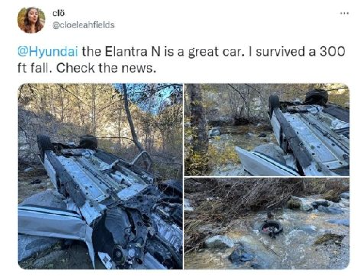 클레오 필스는 27일(현지시각) 자신의 트위터에 ″현대의 엘란트라N은 좋은 자동차다. 나는 300피트(91m) 밑으로 떨어지고도 살아남았다. 뉴스를 확인해봐라″라고 올렸다. 사진 필스 트위터 캡처