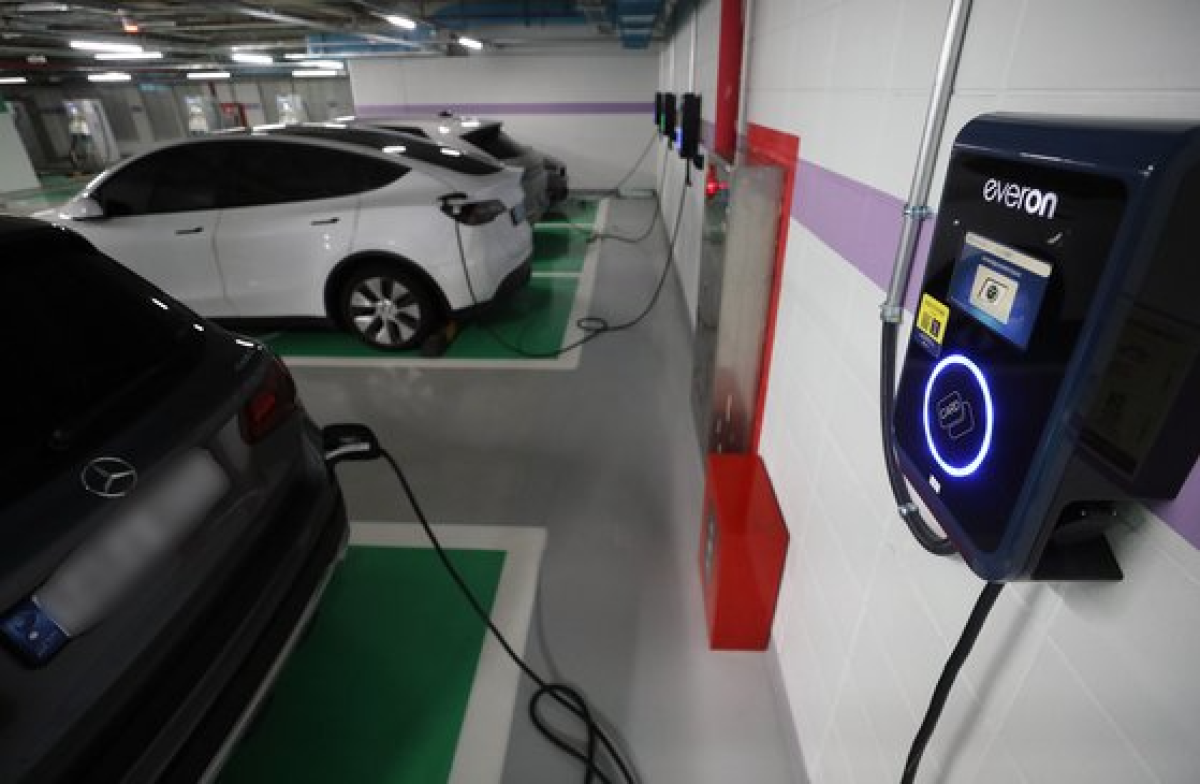 서울 강남구의 한 빌딩 주차장 내 전기차 충전소에서 전기차들이 충전되고 있는 모습. 뉴스1