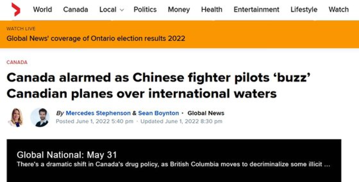 캐나다 글로벌뉴스는 지난 1일 중국 전투기의 근접 비행에 캐나다 전투기 조종사들이 위협받고 있다고 보도했다. [캐나다 글로벌뉴스 캡쳐]