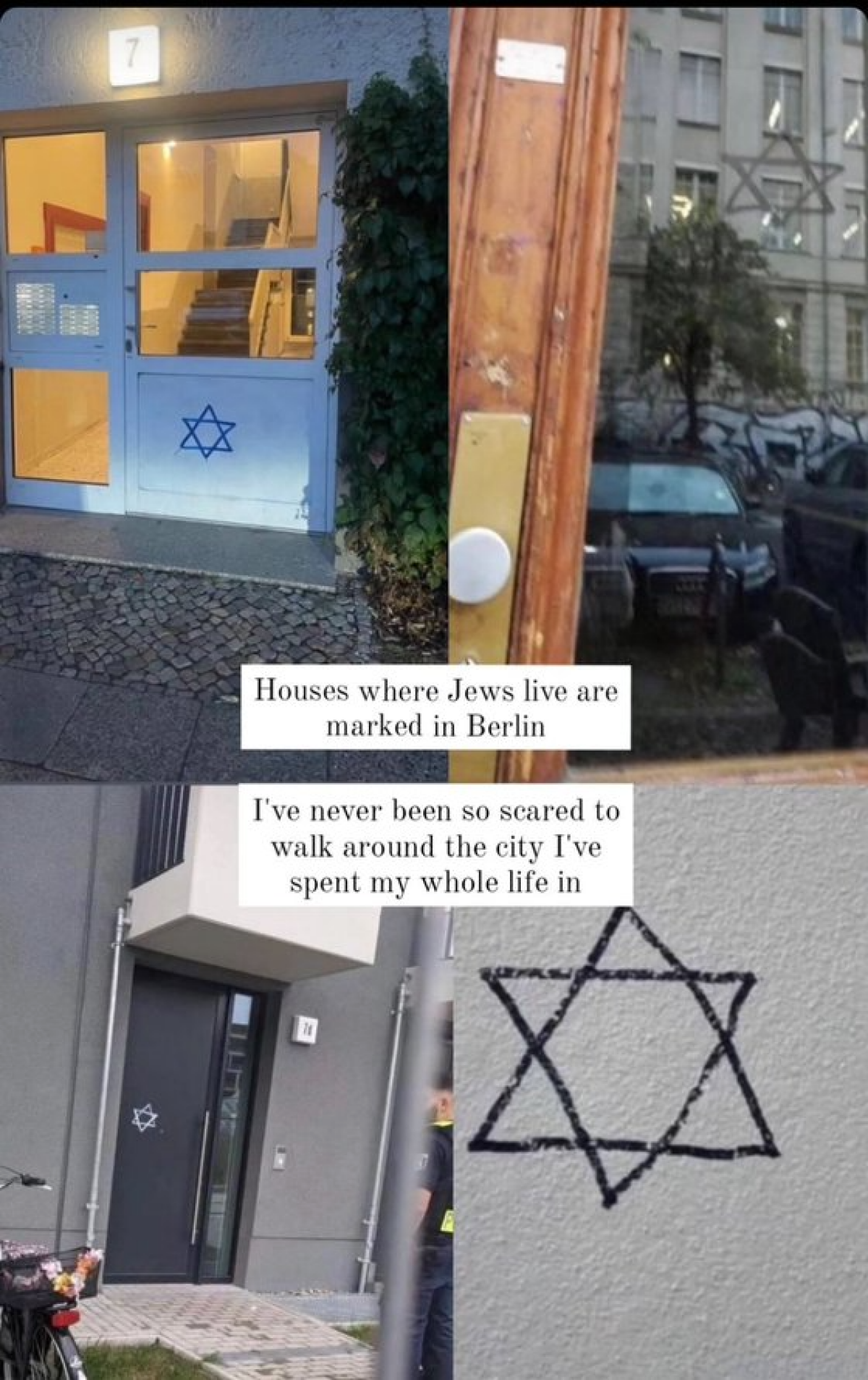 지난주 독일 베를린에서는 유대인의 상징인 '다윗의 별'이 아파트 현관문에 스프레이 등으로 표시되는 사건이 최소 3건 일어났다. 사진 X(옛 트위터) 캡처