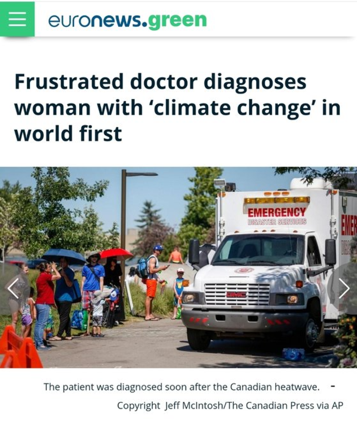 캐나다의 70대 환자가 세계 최초로 '기후변화로 인한 건강악화'라는 진단을 받았다. 유로뉴스 홈페이지 캡처.